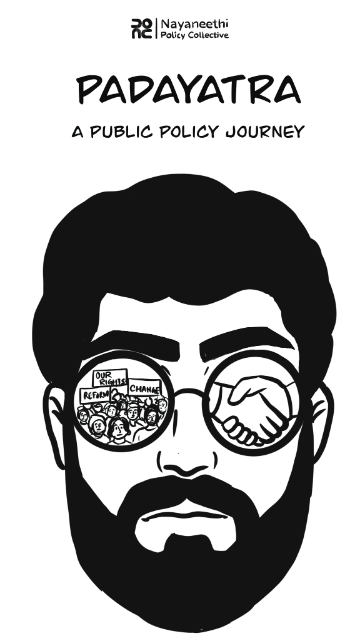 Padayatra comic cover: a bearded man whose glasses reflect a protest and a handshake