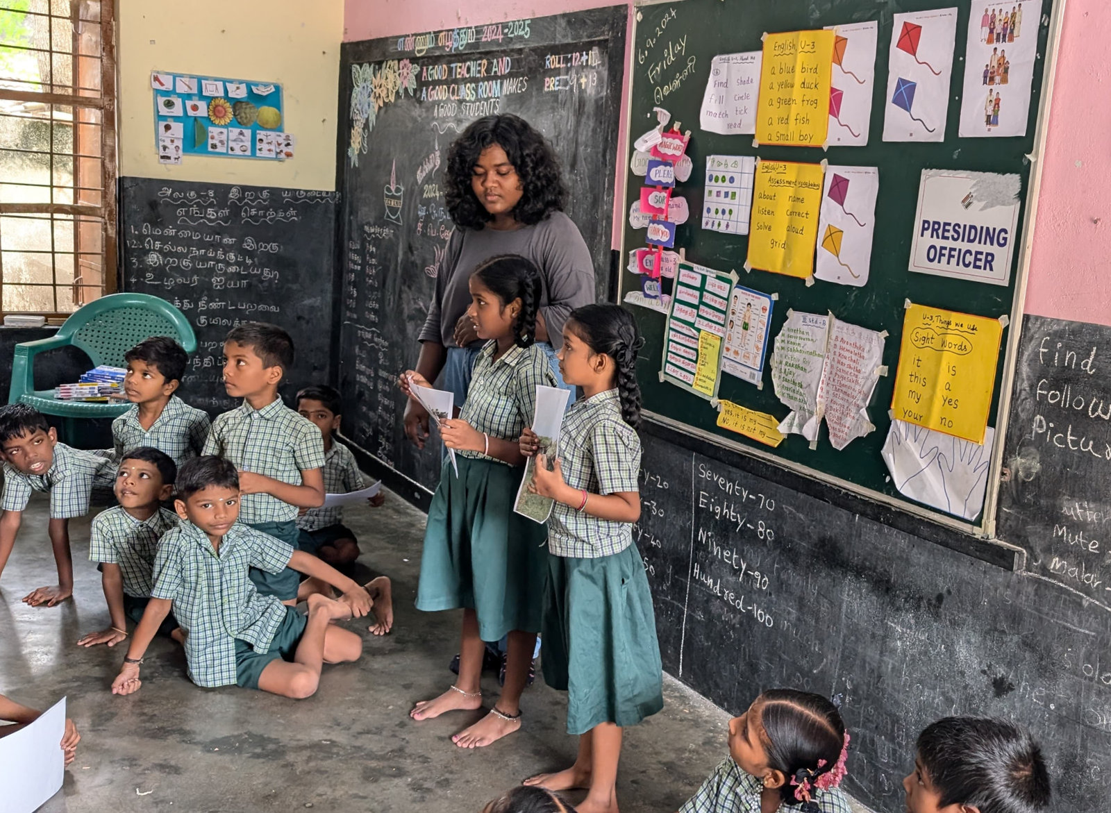 Students present their charts in a classroom during Project Ashakiran